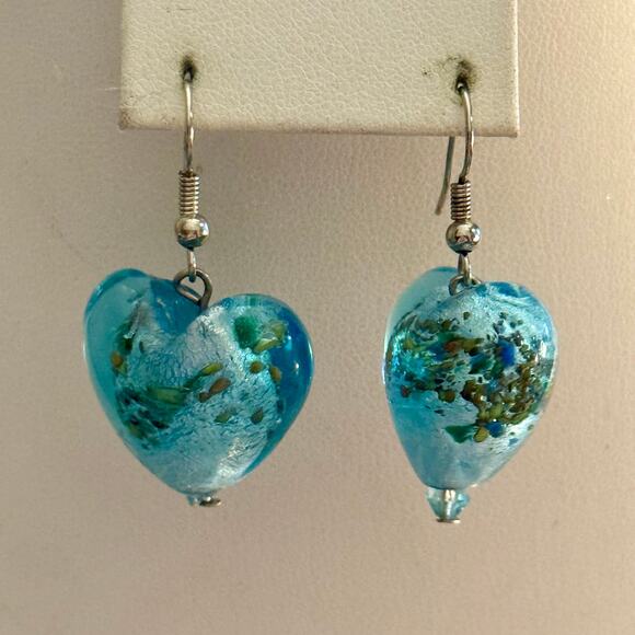 Heart-Shaped Blue & Green Artisan Glass Bead Earrings - Picture 3 of 6
